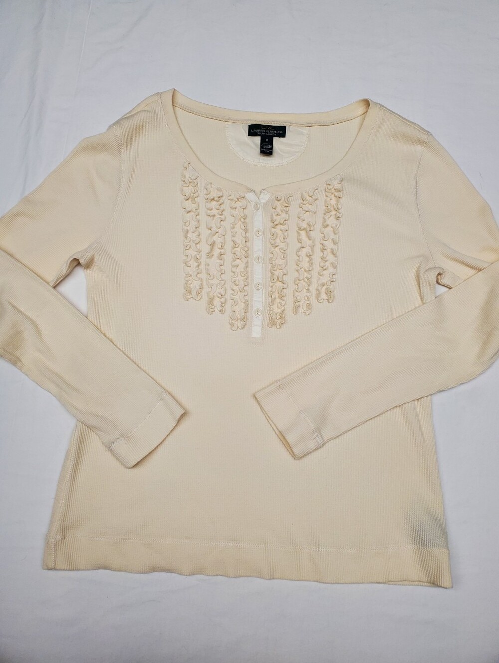 Lauren Jeans Co Ralph Lauren Cream Ruffle Thermal Henley Top | M | Cotton